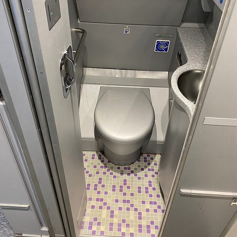 Toilet area of Airplane Cabin mock-up, including storage areas, basin, and locking facilities at the HAE Training Facilities.